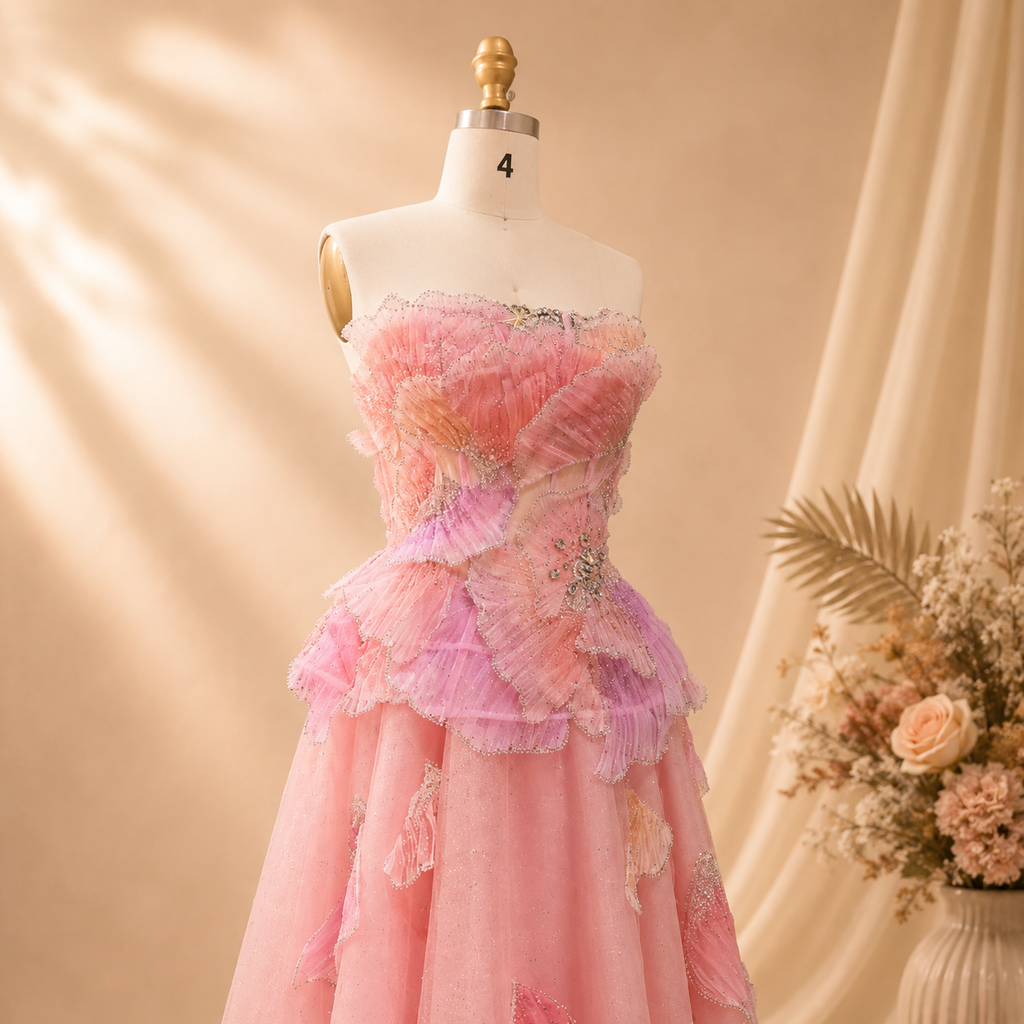 Pretty pink princess prom ballgown on a mannequin with structured bodice and three dimensional shimmering appliqués and detailed beadwork crystal embellishments. 