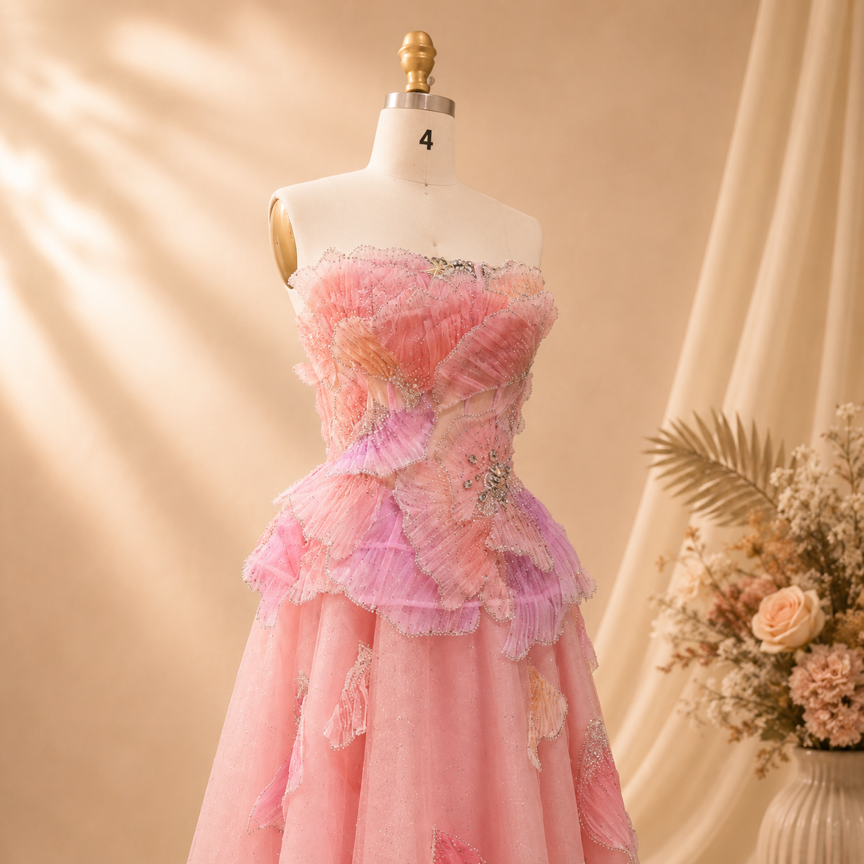 Pretty pink princess prom ballgown on a mannequin with structured bodice and three dimensional shimmering appliqués and detailed beadwork crystal embellishments. 