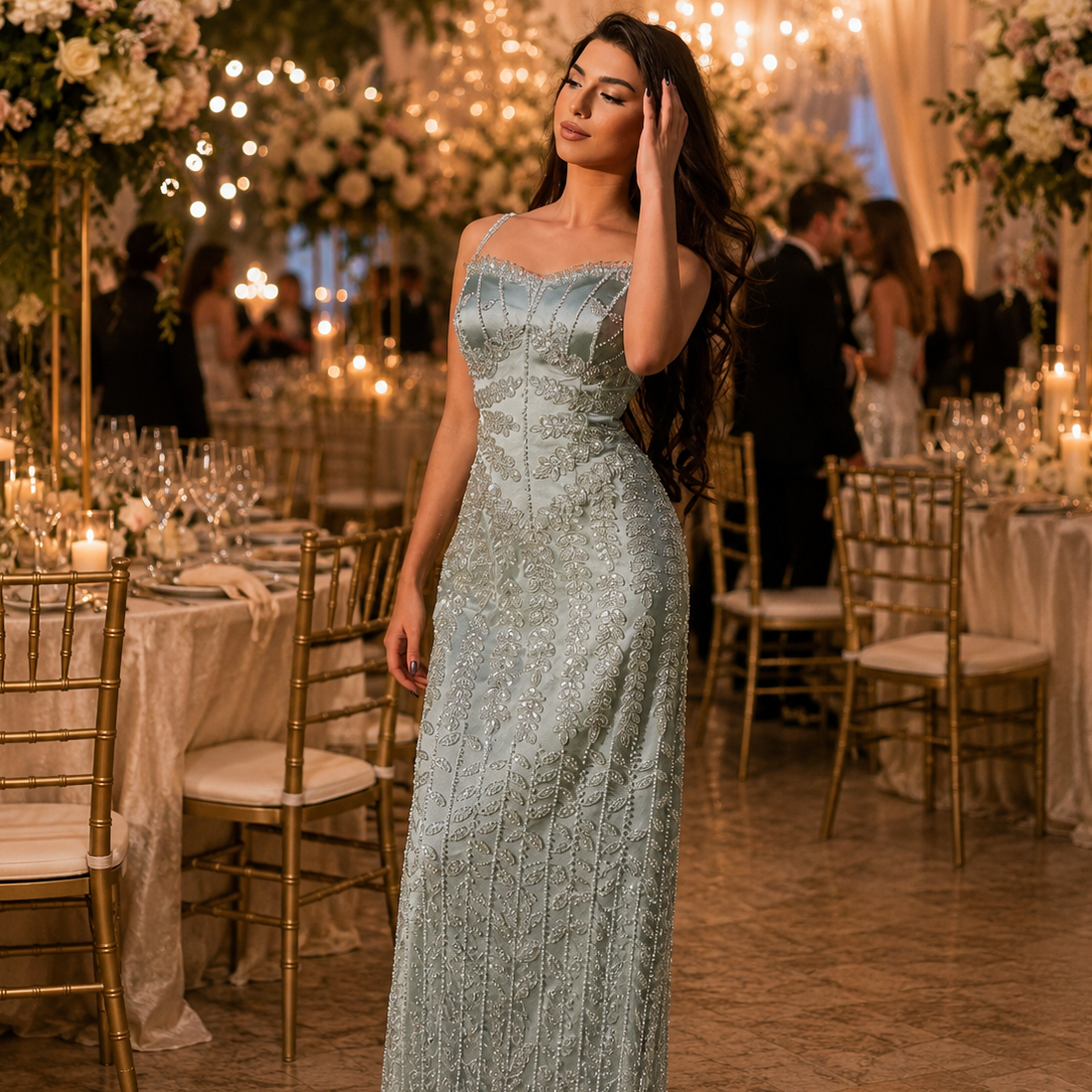 A beautiful woman wearing a stunning embellished evening gown in a sage green color with luxury-fashion silver beading and embellishments. She is at an expensive looking wedding reception.