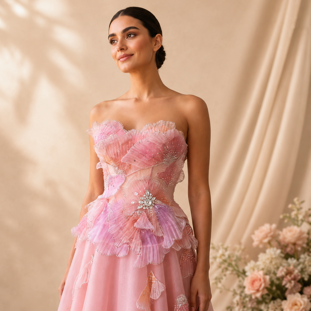 Gorgeous model wearing a pink princess fantasy ballgown with luxury shimmering embellishment details and appliqués. 