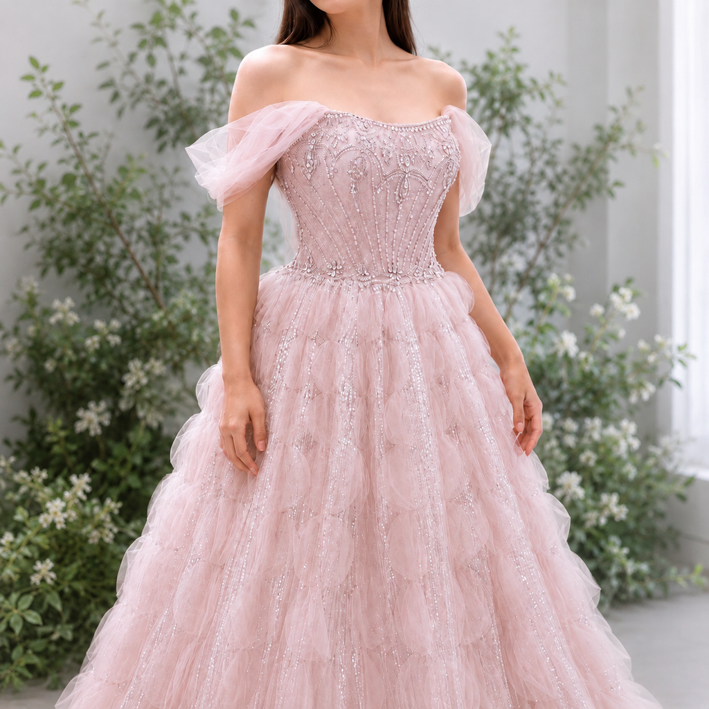 Gorgeous soft light pink princess luxury ballgown with floral background