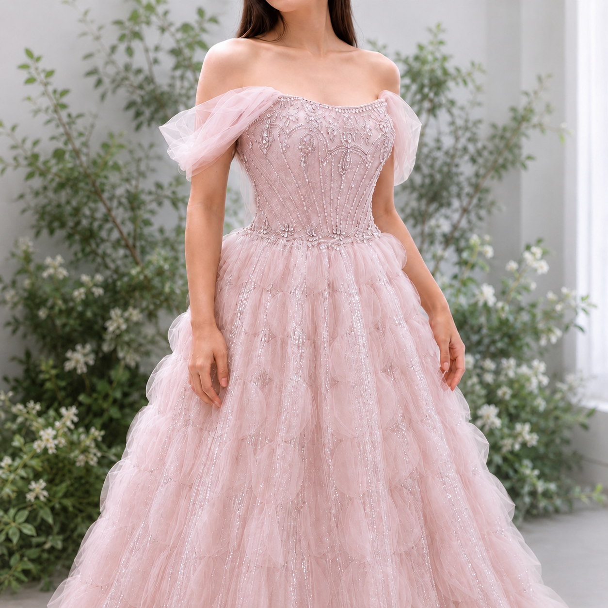 Gorgeous soft light pink princess luxury ballgown with floral background