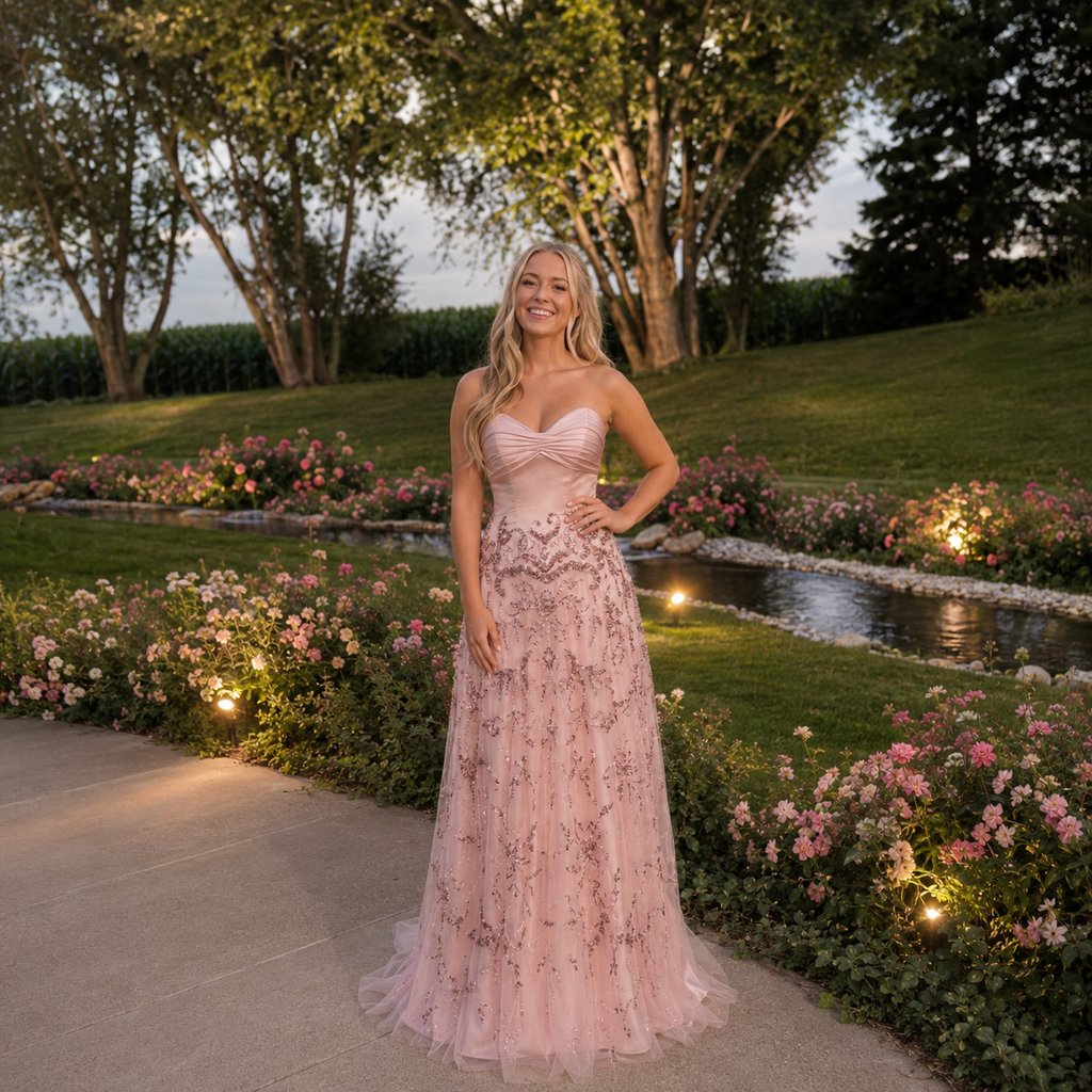 Beautiful Woman in a stunning pink elegant evening gown standing in a garden with flowers and a pond.