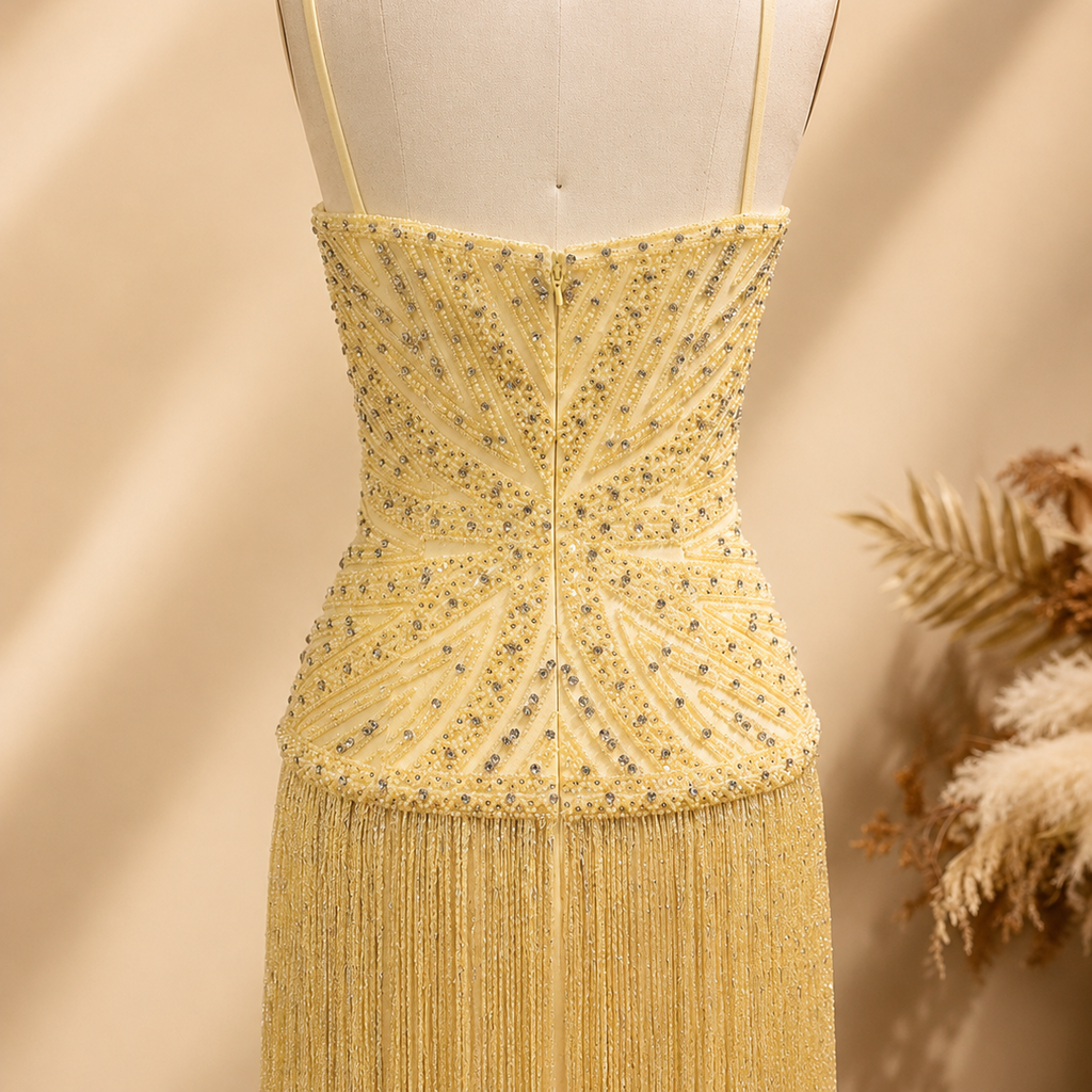 Elegant Yellow shimmering beaded dress on a mannequin with a neutral background