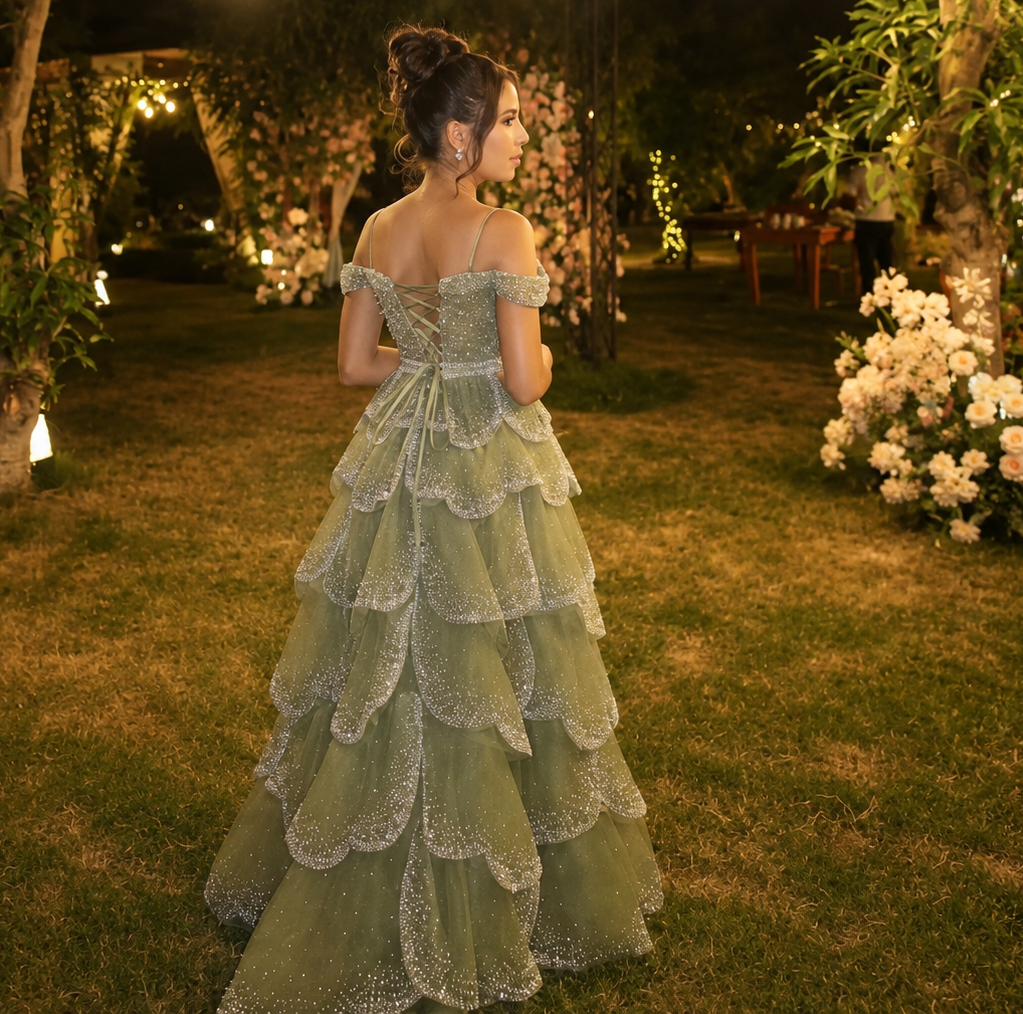Stunning woman wearing an incredible sage green princess ballgown. The luxury gown is covered in intricate pearl and shimmering beadwork embellishments, with cascading petal details and off shoulder delicate sleeves as well as spaghetti straps. She is in a picturesque outdoor setting.