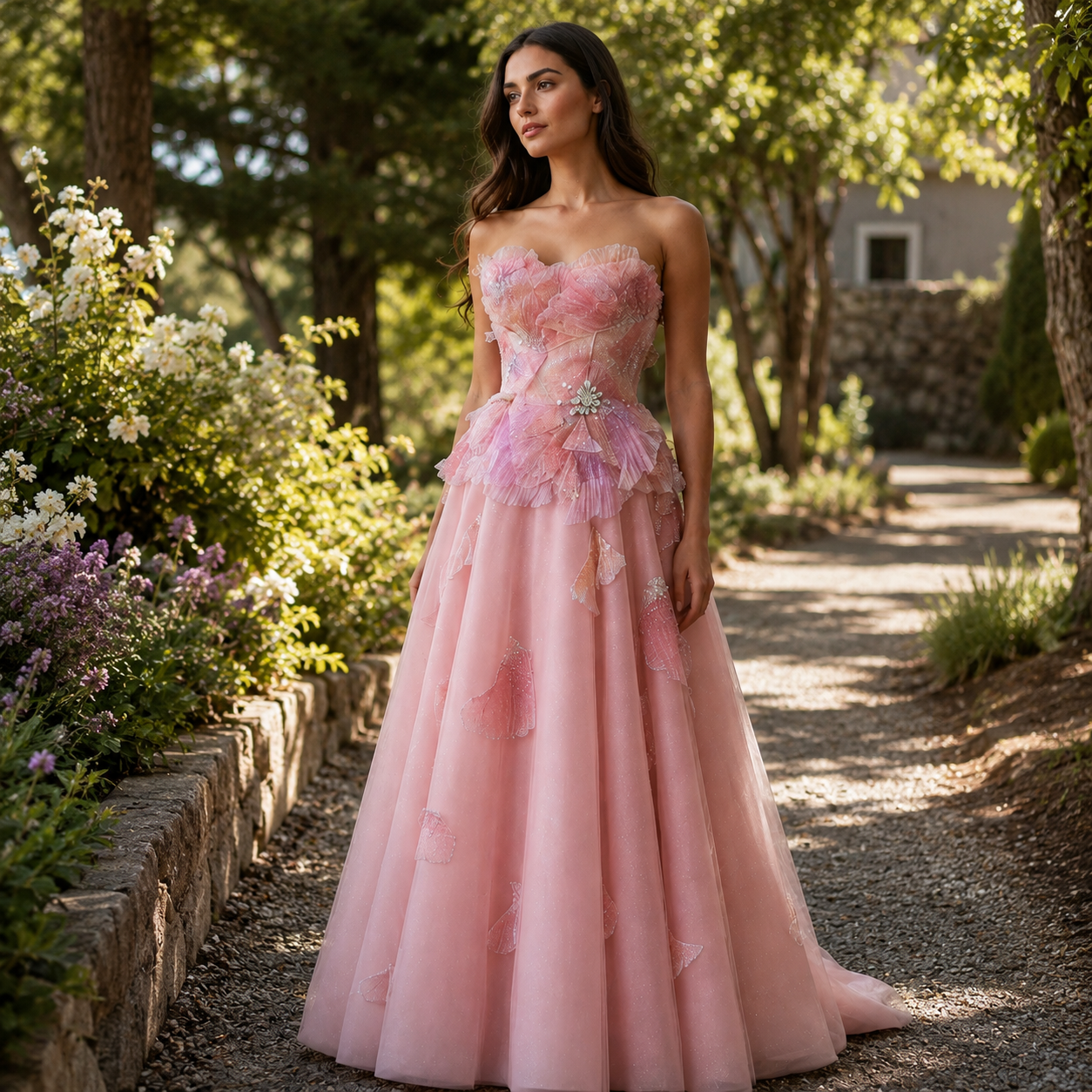 Beautiful woman wearing a pink fantasy fairy like princess ballgown in picturesque outdoor scenery. The dress has structure and detailed shimmering 3D appliqués and embellishments.