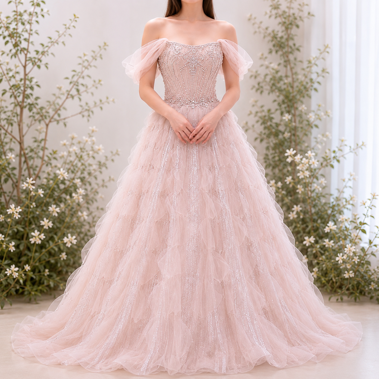 Beautiful woman wearing a Pink fairy tale princess ballgown, fantasy inspired, with floral background