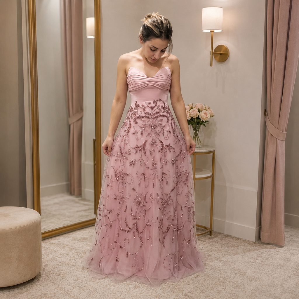 Woman in a beautiful crystal embellished pink evening gown standing in front of a mirror in a room with a lamp and flowers.