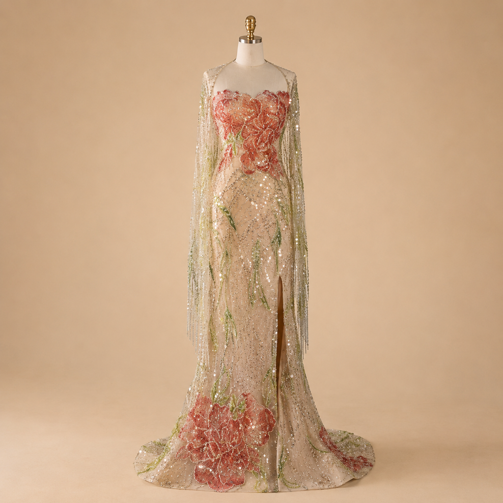 A luxury formal floor-length evening gown displayed on a mannequin against a warm beige studio background. The dress has a sheer nude-beige champagne base covered in shimmering sequins and decorated with large pink floral appliqués and green embroidered vine details.