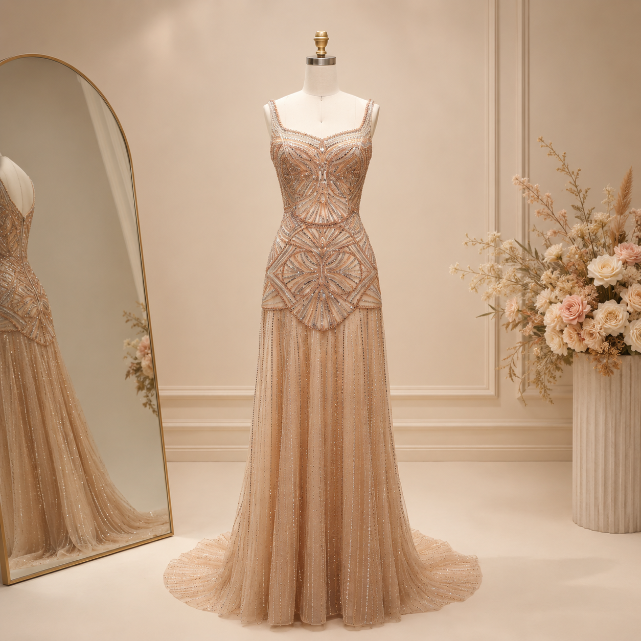 Elegant golden champagne luxury evening gown with intricate crystal beadwork on a mannequin with a mirror reflection and floral arrangement in the background.