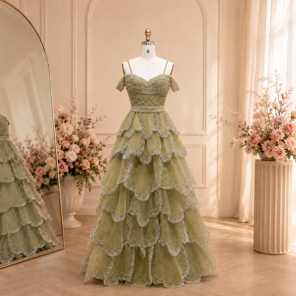 Intricate luxury sage green ballgown. The dress is couture-inspired, with cascading petal details, shimmering and pearl intricatr beadwork, off shoulder delicate sleeves. The dress is on a mannequin in a beautiful dressing room