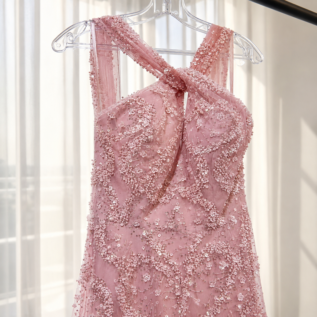 Close up of gorgeous luxurious detailed beadwork patterns on a close up of a pink ombre prom dress, hanging up by a well lit window 