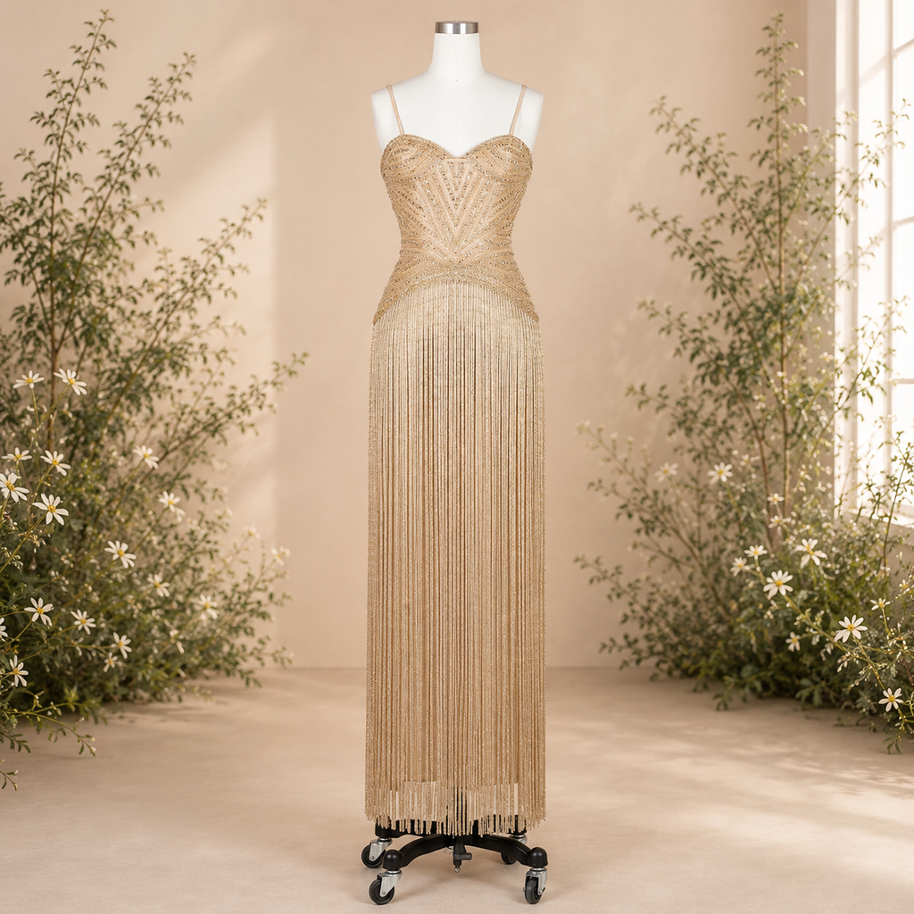 Couture inspired stunning sparkling Gold evening gown on a mannequin with a floral background