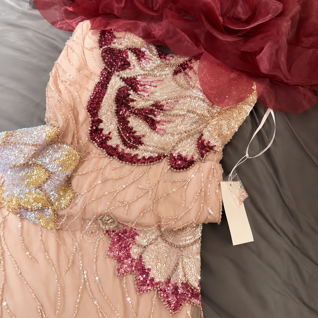 Decorative luxury dress with pink and gold embellishments on a gray surface