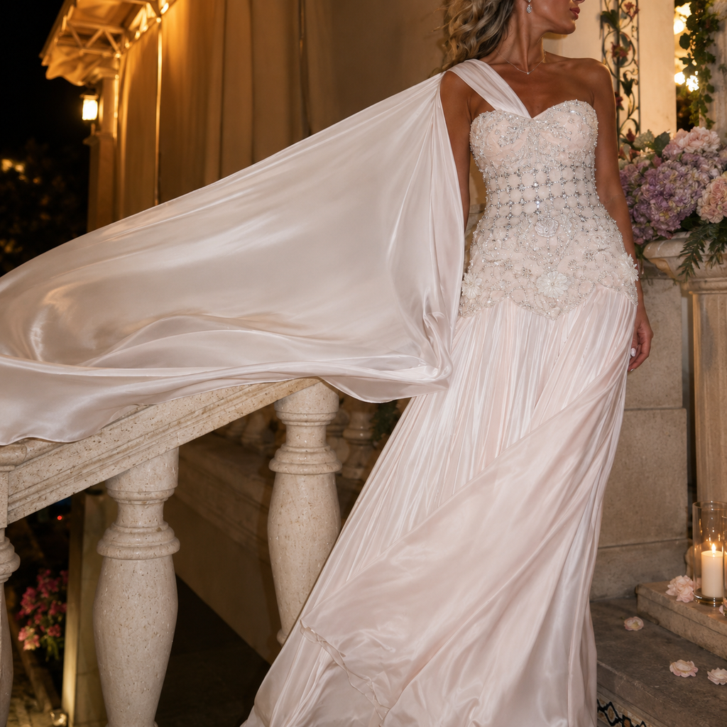 Beautiful Woman in a stunning luxury white wedding dress with a flowing train in an elegant outdoor setting.