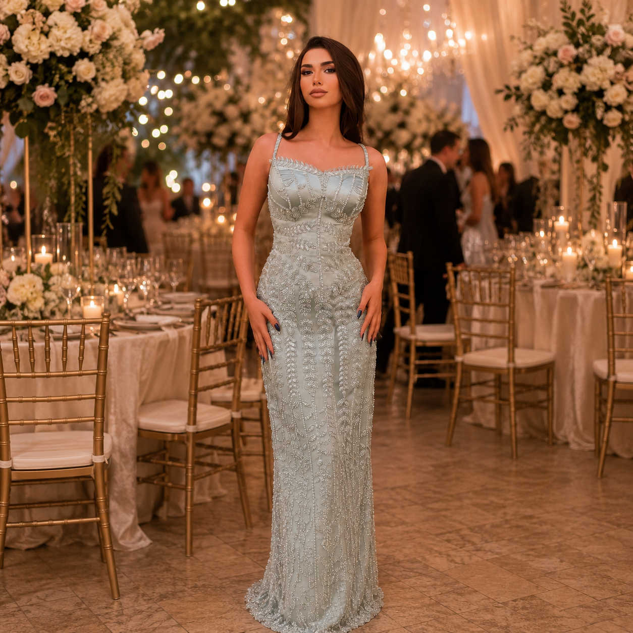 A gorgeous lady wearing a luxurious sage green evening gown with an elegant sheath style, at a luxury wedding party venue