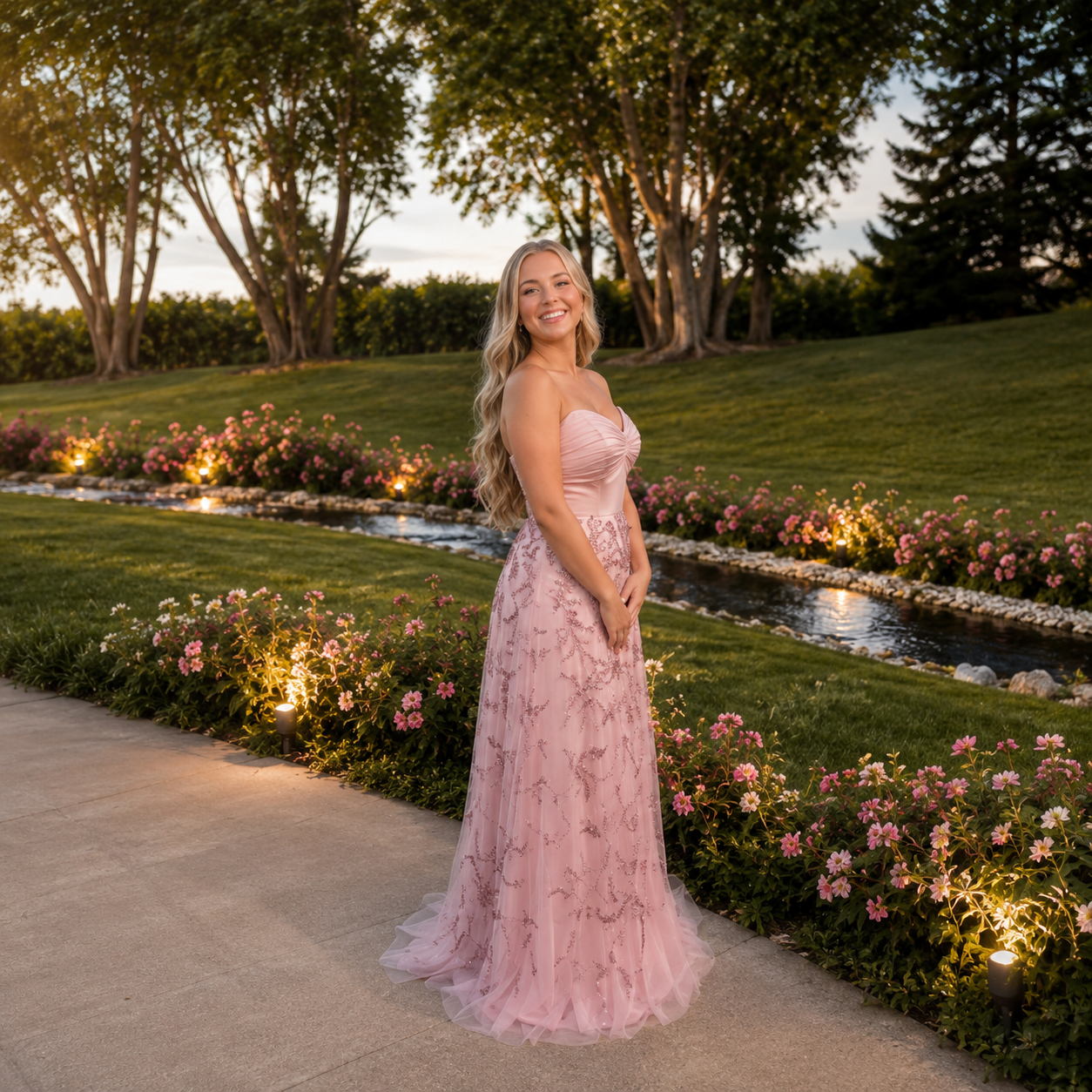 Gorgeous Woman in a couture-inspired high fashion pink dress standing in a garden with flowers and a pond.