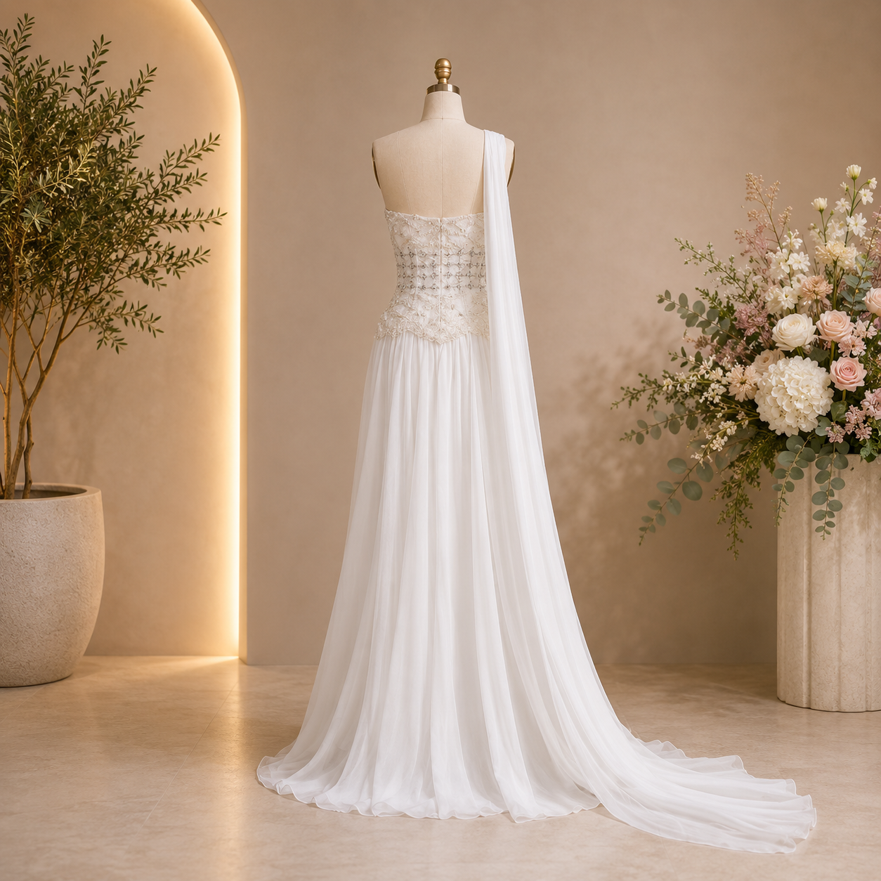 Couture fashion White wedding dress on a mannequin with a floral arrangement and plant in the background
